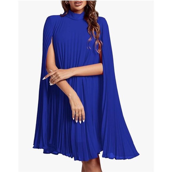 NEW Blue Mock Neck Cloak Sleeve Pleated Flowy Midi Dress L - Picture 1 of 5